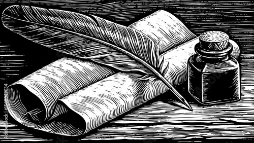 A vintage quill and ink bottle on a parchment scroll, perfect for historical education or poetry-themed graphics vector a black and white line art illustration