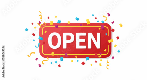 A vibrant "Open" sign, adorned with colorful confetti, signals a warm welcome and festive atmosphere.