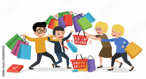 Shoppers fighting over sales items during a busy shopping day. 