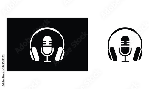 Podcast Microphone Surrounded by Headphones on Black Background Silhouette Style