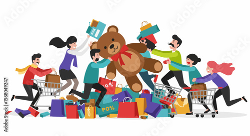 A lively illustration of people fighting for product while surrounded by shopping bags.
