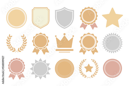 Classic badge and medal icons, gold shield, crown, star, laurel wreath, award and achievement vector, honor design
