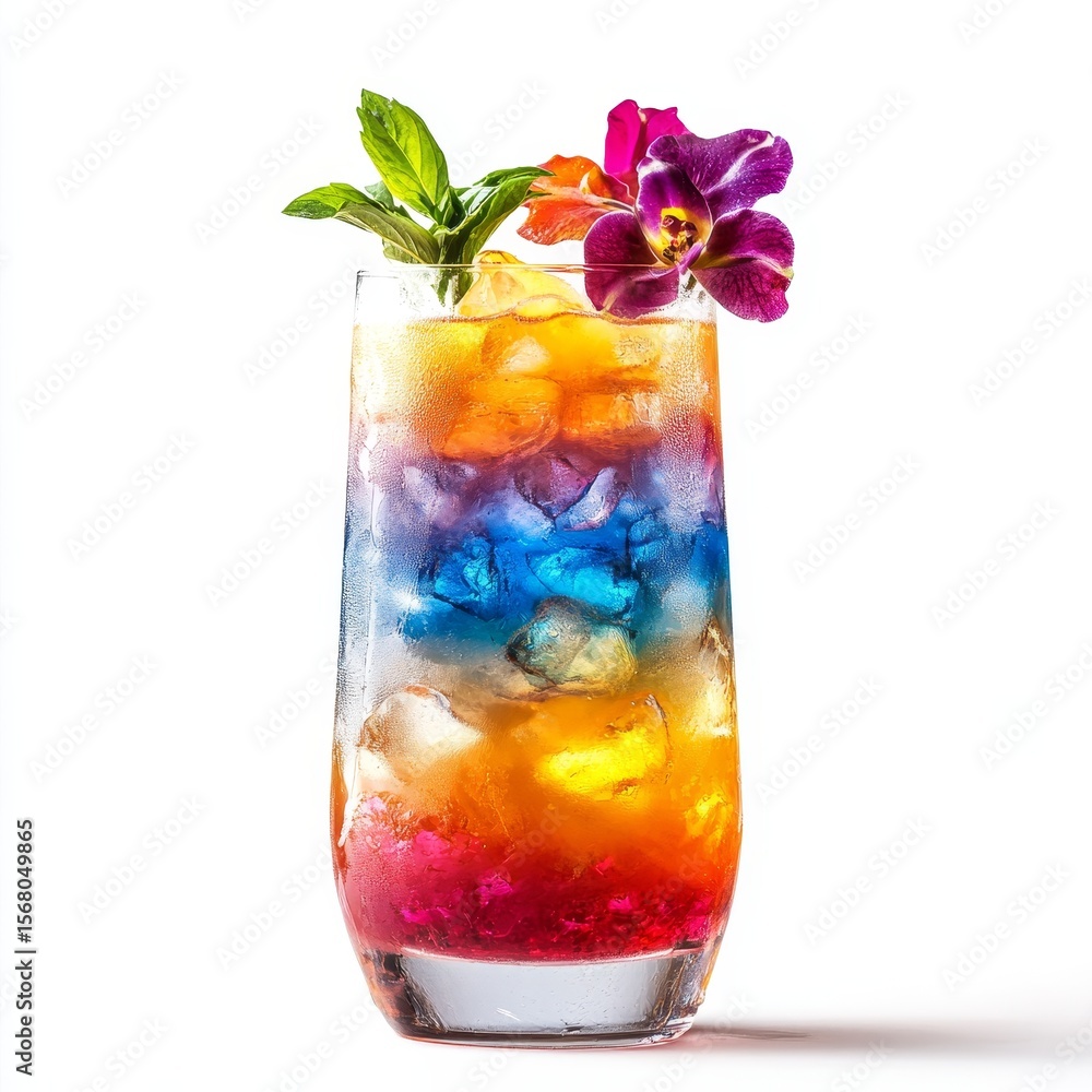 A vibrant, colorful layered cocktail garnished with fresh mint leaves and a purple orchid flower on top, served in a tall glass filled with ice. A vibrant, colorful layered cocktail garnished with fresh mint leaves and a purple orchid flower on top, served in a tall glass filled with ice.