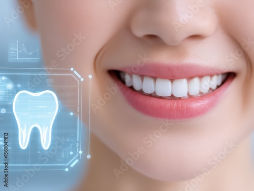 Close-Up of a Woman's Beaming Smile with Digital Tooth Graphic in Background Representing Modern Dental Care Solutions