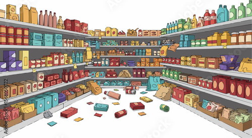 Full Shelves and Spilled Goods at Grocery Store