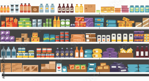 A colorful supermarket shelves with a wide variety of products displayed in rows.