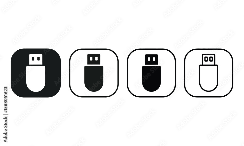 USB drive icon set in black with rounded edges on a transparent background USB drive icon set in black with rounded edges on a transparent background