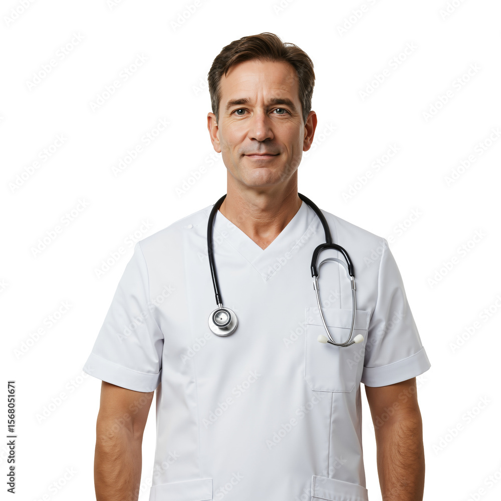 Confident Middle-Aged Male Doctor Wearing a White Medical Coat and Stethoscope, Posing Against a Black Background Confident Middle-Aged Male Doctor Wearing a White Medical Coat and Stethoscope, Posing Against a Black Background