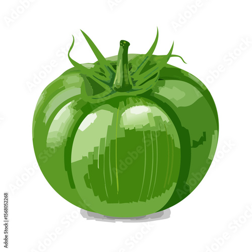 Green Tomato Illustration: Fresh Vegetable Artwork with Detailed Plant Elements