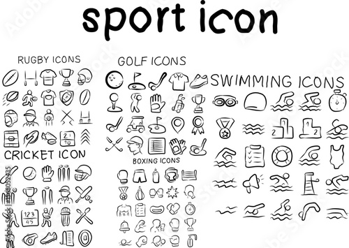 Collection of hand-drawn sport icons including rugby, cricket, golf, boxing, and swimming. Perfect for infographics, web, apps, and sport-themed designs.