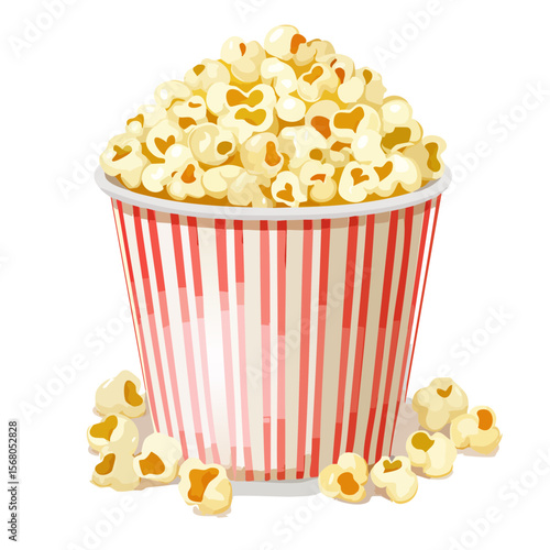 Cartoon illustration of popcorn in a classic striped bucket