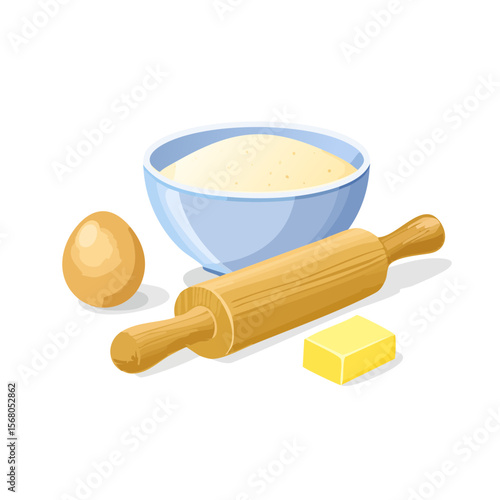 Baking ingredients: flour, egg, butter, and rolling pin still life