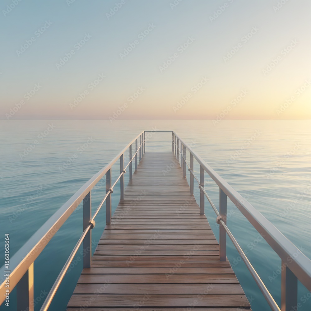 Fototapeta premium A realistic scene of a wooden dock with a metal railing extending over calm water, golden hour lighting, soft shadows, tranquil sea, clear sky with warm gradient from light blue to yellow