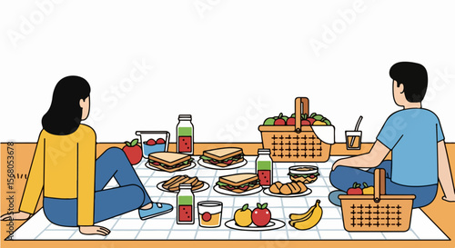 Flat Picnic in the Park with Blanket and Food Around Clean Empty Space for Your Message