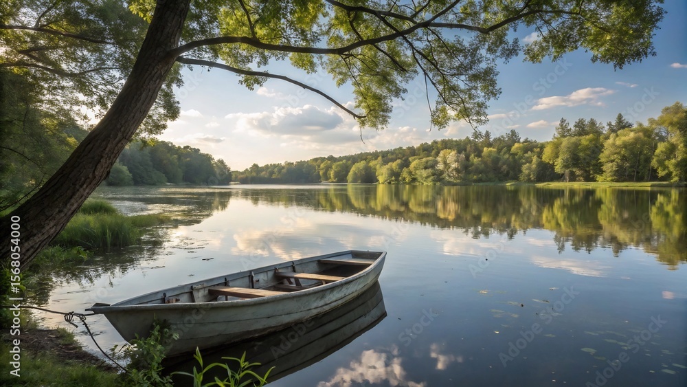 Obraz premium A small boat rests on the calm lake reflecting the sky and trees