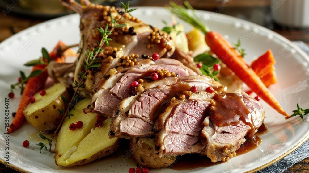 Roast goose breast sliced with rich gravy sauce, served with duchess potatoes and glazed carrots on elegant white plate with thyme garnish Roast goose breast sliced with rich gravy sauce, served with duchess potatoes and glazed carrots on elegant white plate with thyme garnish