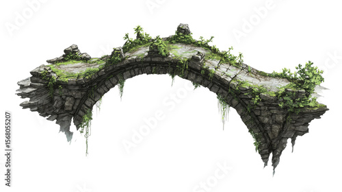 Old ruined stone bridge covered with moss and plants isolated on transparent background.
