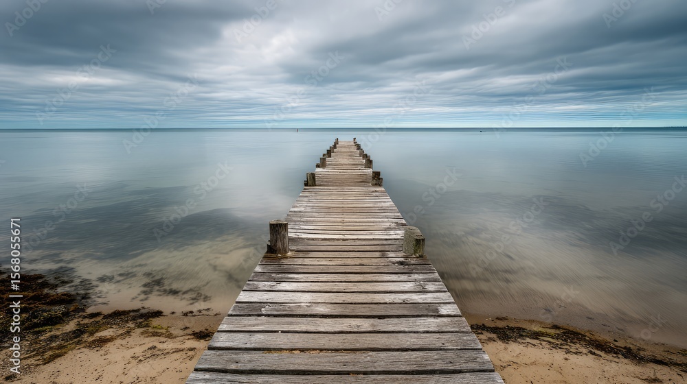 Fototapeta premium Wooden pier stretching into calm ocean, a serene escape into simplicity and peace
