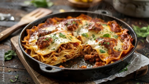 Pasta dish homemade lasagna rolls in cast iron skillet with meat sauce, melted cheese and fresh herbs on rustic wooden cutting board