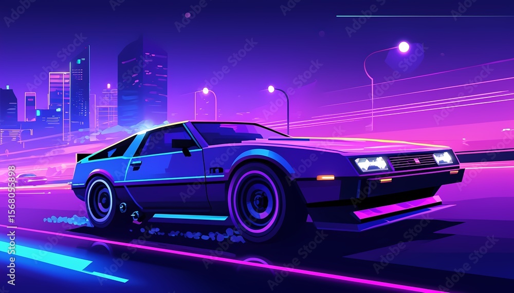 Retro car racing through neon-lit futuristic city at night Retro car racing through neon-lit futuristic city at night