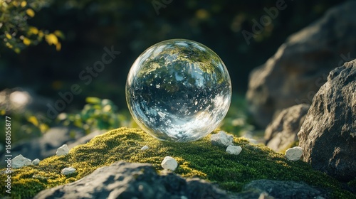 Crystal Ball Reflecting Nature on Mossy Rock