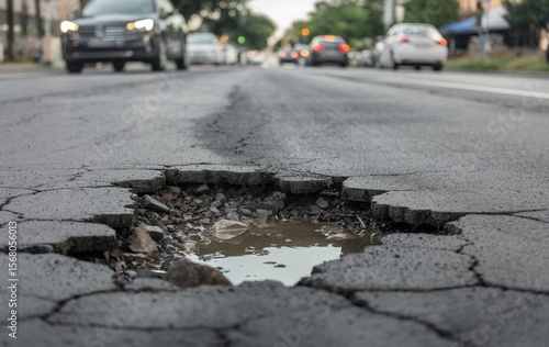 A close up of a pothole in the middle of the street