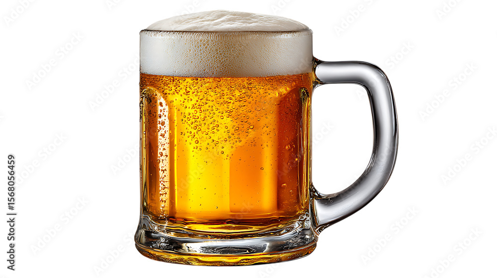 A refreshing mug of golden beer with a thick foamy head and numerous bubbles isolated on transparent background A refreshing mug of golden beer with a thick foamy head and numerous bubbles isolated on transparent background