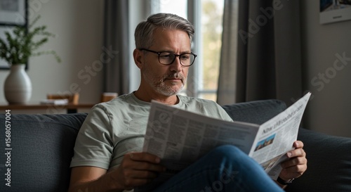 Mature Man with Glasses Reading Newspaper on Sofa, Concentrating on News