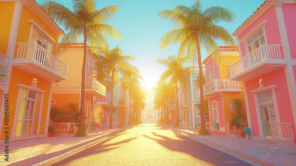 Obraz premium Colorful houses lining sunny road with palm trees