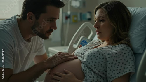 Expecting couple anticipate the arrival of their baby in a hospital room, a moment of love and