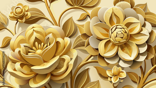 Luxurious gold flowers and leaves with a 3d paper cutout effect on a cream background