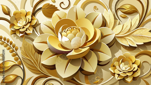 Elegant golden floral arrangement with intricate layered petals and leaves creating a luxurious and sophisticated decorative pattern