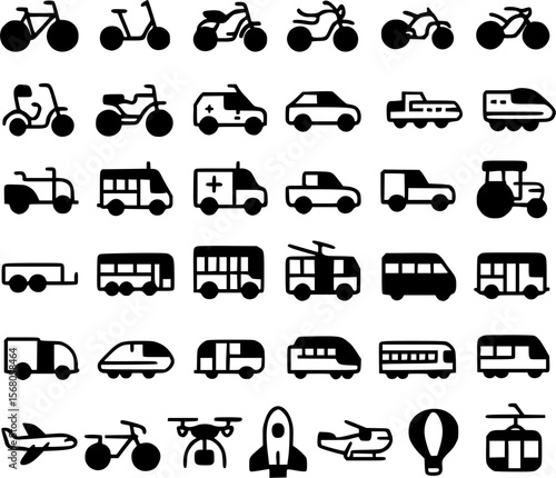 Transport and vehicle icon set in simple solid style