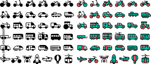 Transport and vehicle icon set in simple black and filed line style
