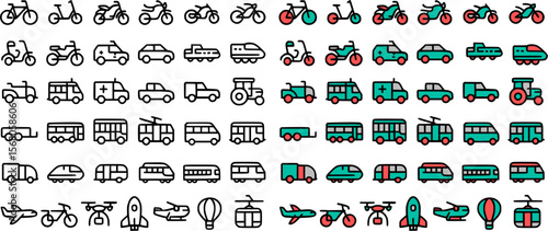 Transport and vehicle icon set in simple black anf filled line style