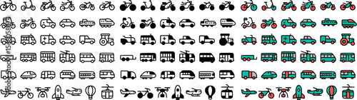 Transport and vehicle icon set in simple black solid filled line style
