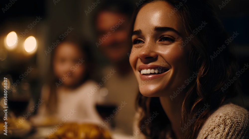 A family sharing a joyful dinner together in warm indoor lighting A family sharing a joyful dinner together in warm indoor lighting