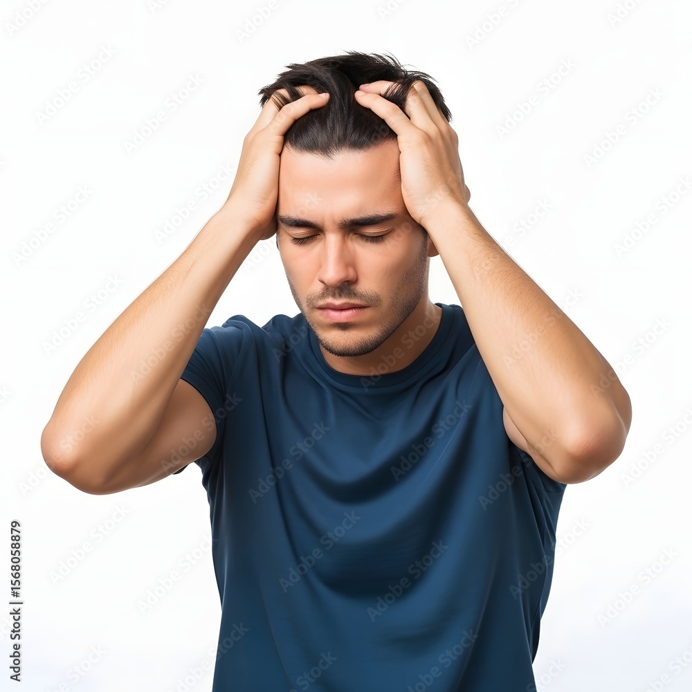 Young man holding head with both hands - eyes closed Young man holding head with both hands - eyes closed