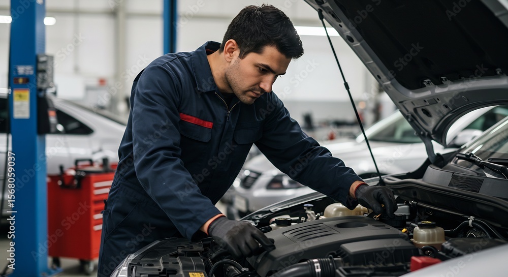 Focused Male Mechanic Examining Car Engine in Auto Repair Shop Focused Male Mechanic Examining Car Engine in Auto Repair Shop