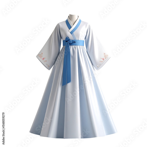 Elegant Korean Hanbok Dress with Flowing Base in Pastel Colors on Transparent Background