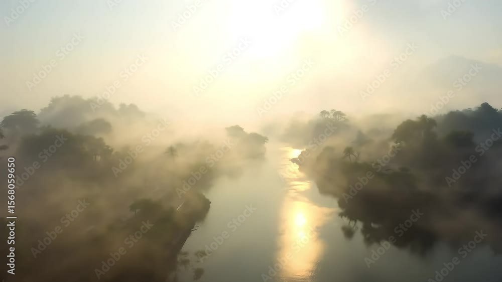 A misty morning shot over the Panama Canal with subtle golden sunlight reflecting on the surface A misty morning shot over the Panama Canal with subtle golden sunlight reflecting on the surface