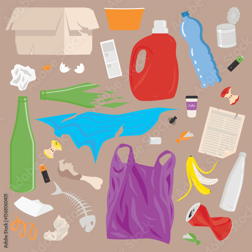 A vector set of isolated garbage items: food scraps, bottles, cans, paper, plastic bags, and packaging waste. Flat cartoon illustration for pollution, recycling, or ecology design projects.