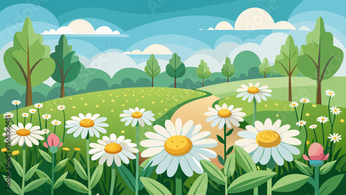 Vibrant spring meadow with blooming daisies and a winding path through rolling green hills under a blue sky