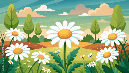 Vibrant field of daisies under a colorful sky with rolling hills and stylized trees
