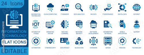 Information Technology icon set. Containing cloud computing, IT manager, big data, data analytics, internet, network security and more. perfect flat icon collection.