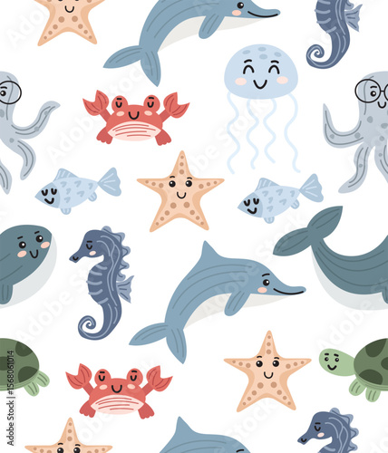 Sea world pattern on white background.