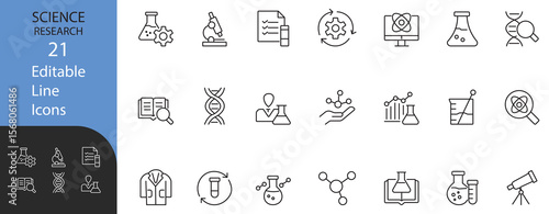 Science research best editable line icons set featuring lab equipment, DNA, microscope, experiment, molecule, and chemistry symbols for modern scientific visuals.
