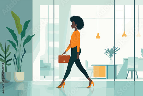  African businesswoman walking through a corporate office with briefcase, glass background and modern decor vector illustration