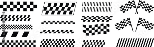 Racing Stripes & Checkered Flag Vector Set. Black & White Racing Banner Vectors – Speed Lines, Flags & Track Icons. Race Track & Flag Vector Set