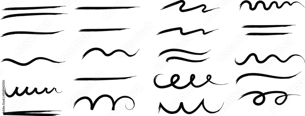 Underline Vector Set – Hand-Drawn Brush Strokes & Vintage Dividers. Calligraphic Underline & Border Vector. Black Brushstroke Underlines and Swirl Dividers